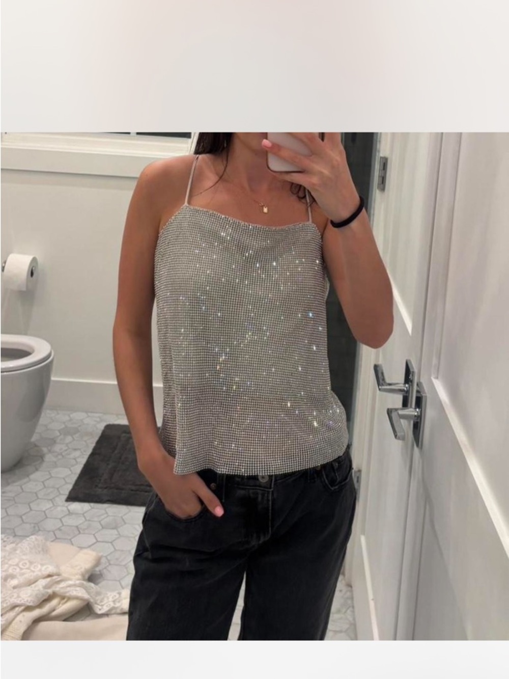 ASTR the label  Rhinestone Mesh Spaghetti Strap Tank Top